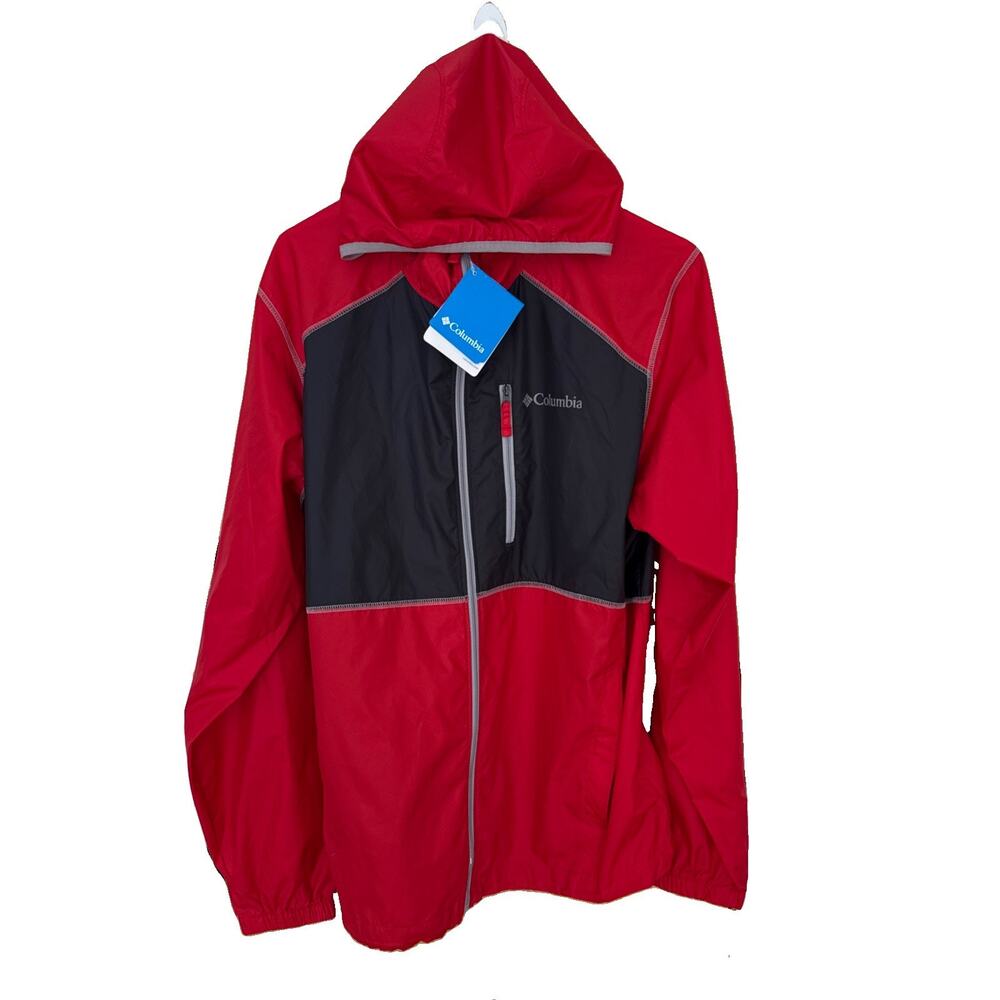 Columbia Mens Packable Windbreaker Hooded Jacket Full Zip Red Black SZ Large NWT